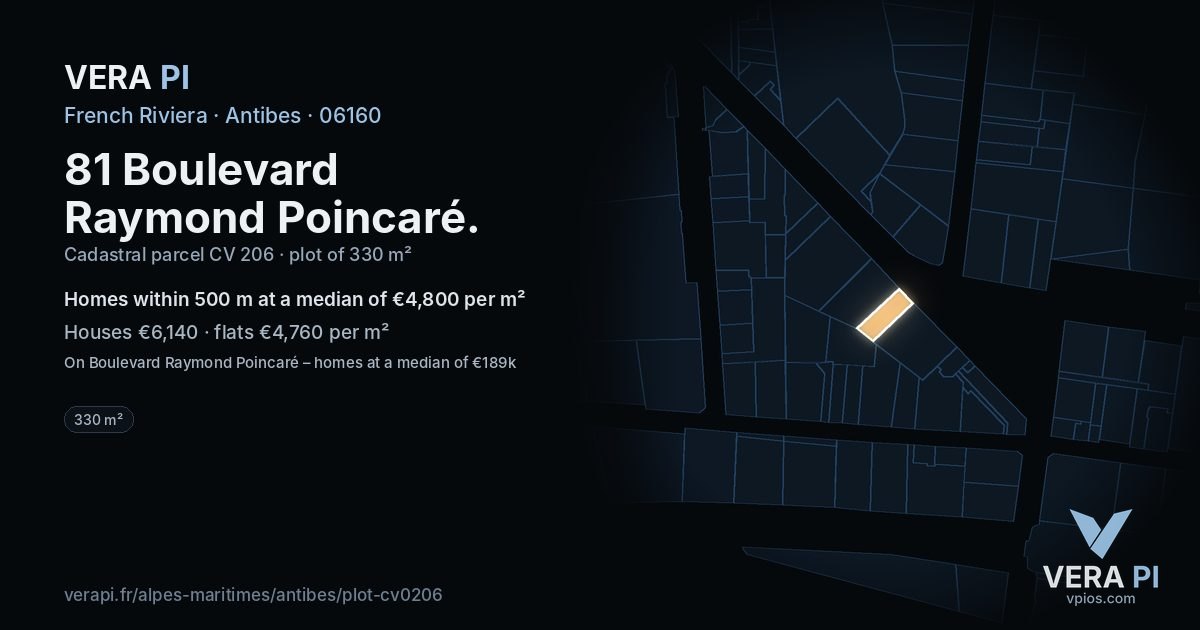 81 Boulevard Raymond Poincaré, Antibes at night – the plot lit, the parcels around coloured by the prices near them