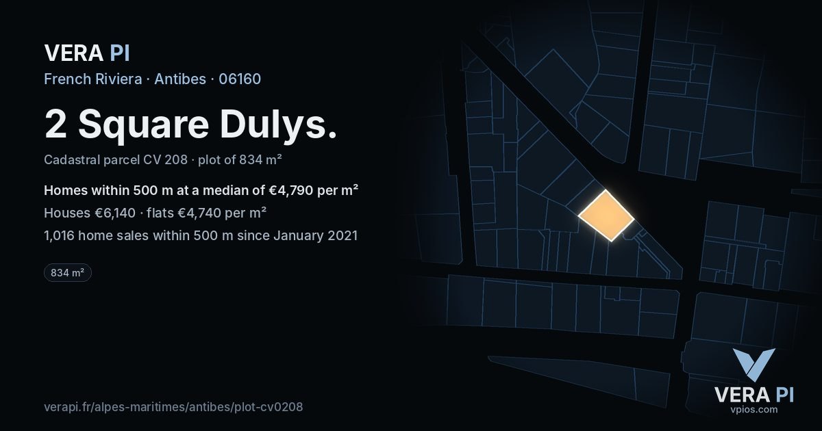 2 Square Dulys, Antibes at night – the plot lit, the parcels around coloured by the prices near them