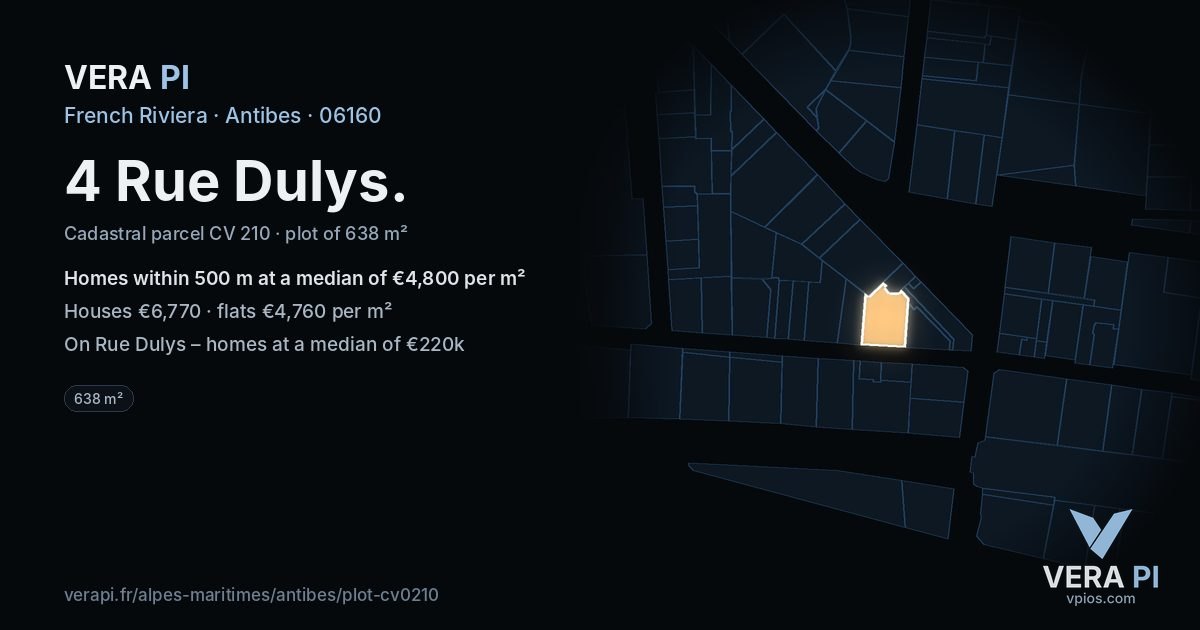 4 Rue Dulys, Antibes at night – the plot lit, the parcels around coloured by the prices near them