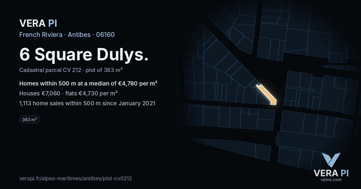 6 Square Dulys, Antibes at night – the plot lit, the parcels around coloured by the prices near them