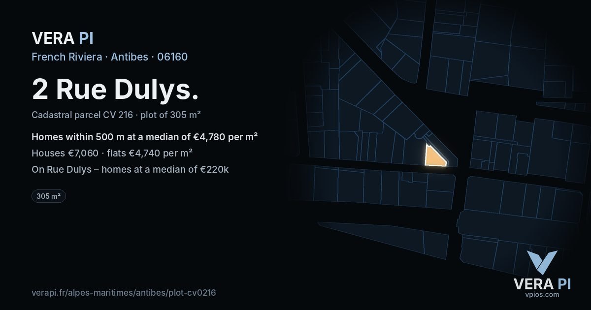 2 Rue Dulys, Antibes at night – the plot lit, the parcels around coloured by the prices near them