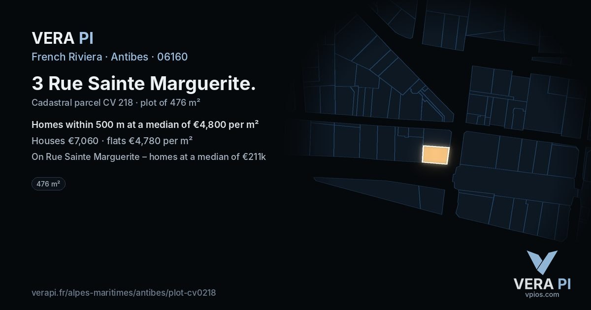 3 Rue Sainte Marguerite, Antibes at night – the plot lit, the parcels around coloured by the prices near them
