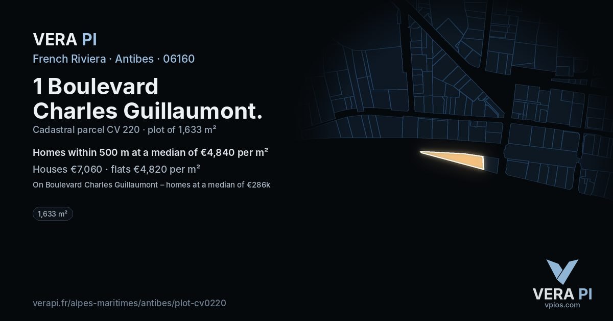 1 Boulevard Charles Guillaumont, Antibes at night – the plot lit, the parcels around coloured by the prices near them