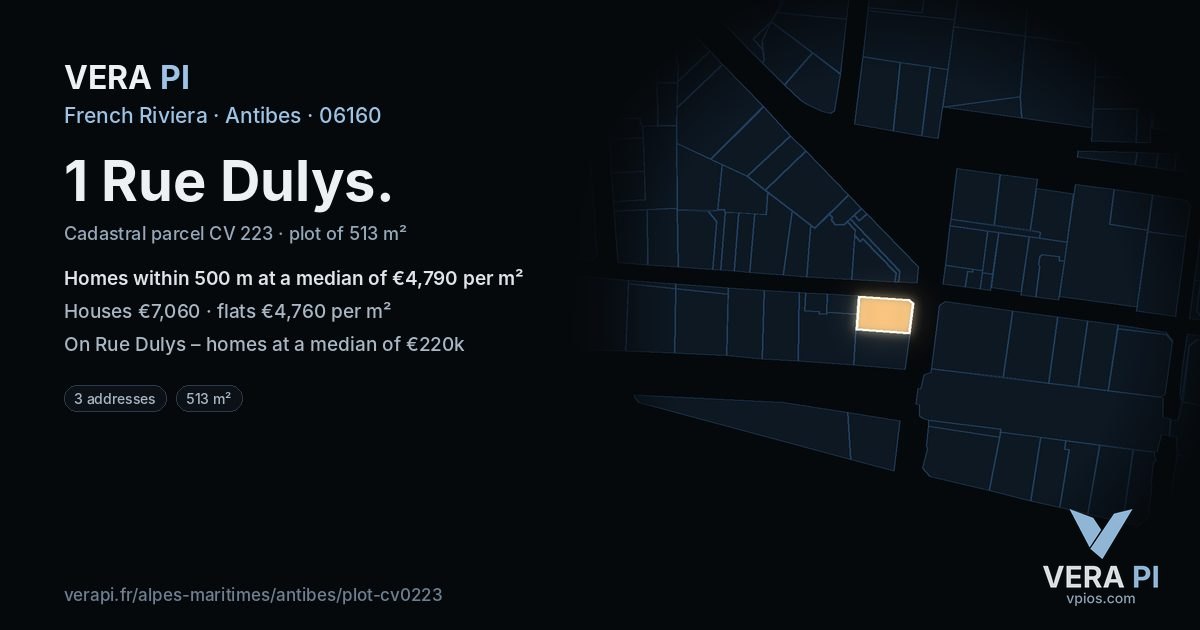 1 Rue Dulys, Antibes at night – the plot lit, the parcels around coloured by the prices near them
