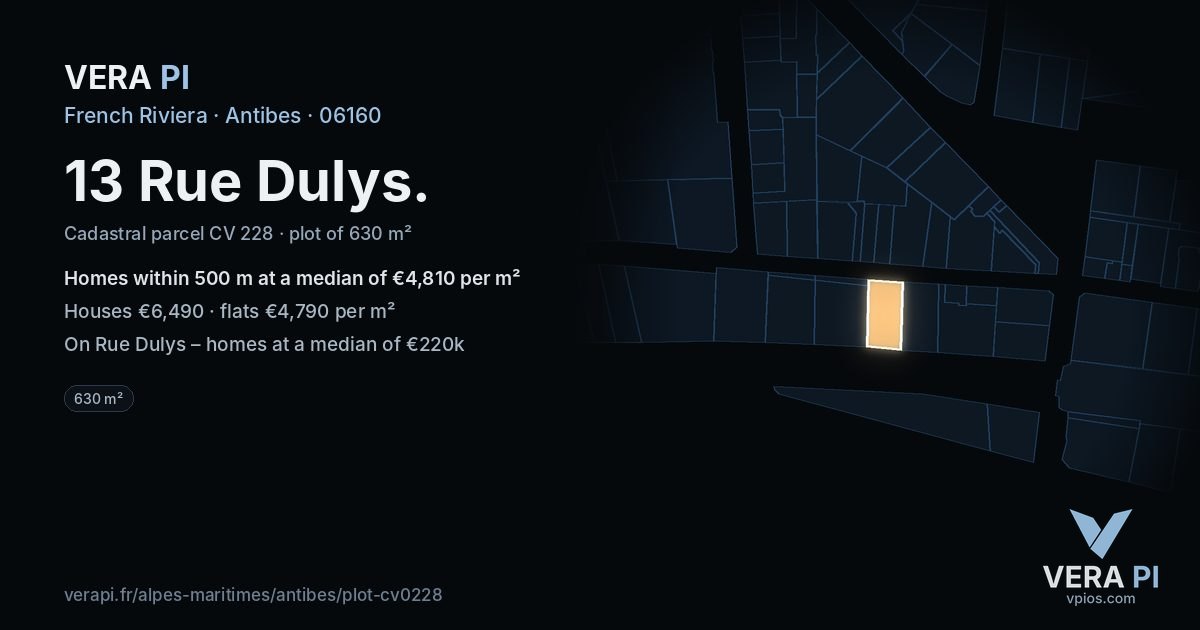 13 Rue Dulys, Antibes at night – the plot lit, the parcels around coloured by the prices near them