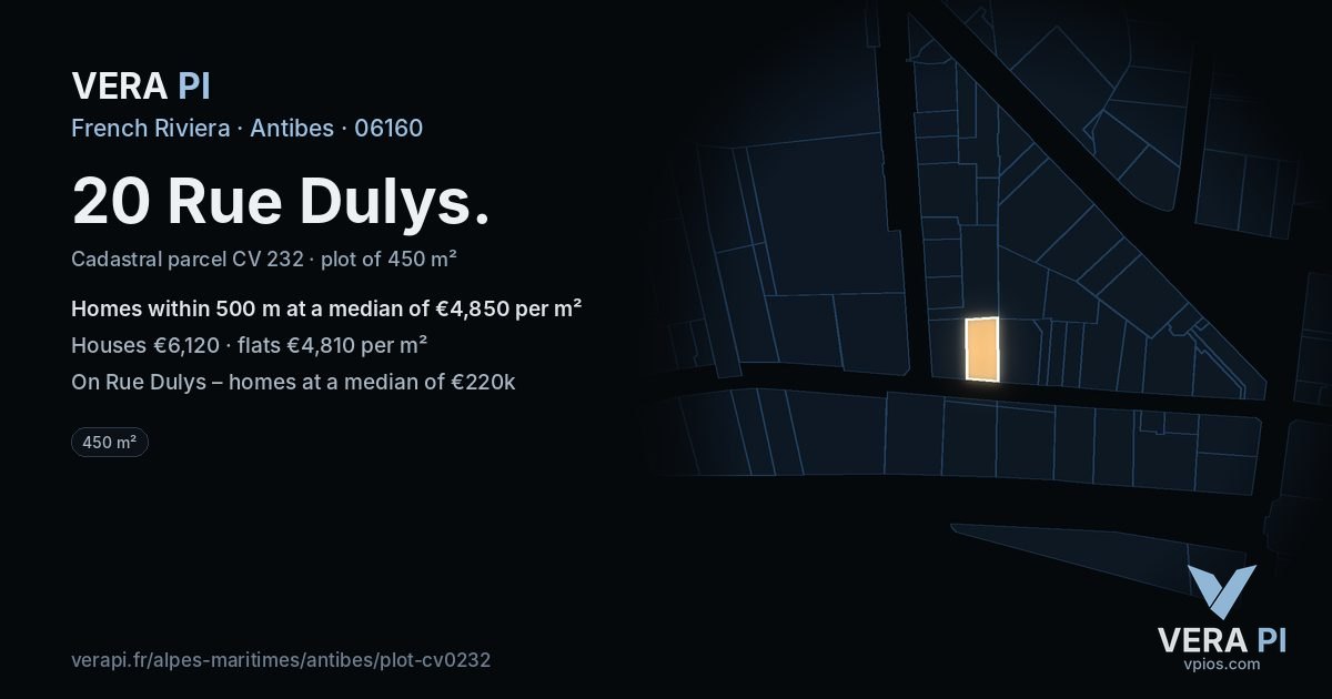 20 Rue Dulys, Antibes at night – the plot lit, the parcels around coloured by the prices near them