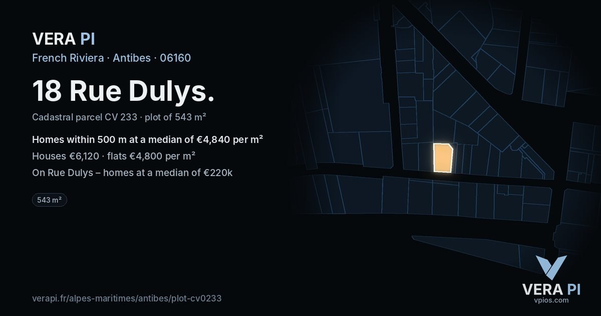 18 Rue Dulys, Antibes at night – the plot lit, the parcels around coloured by the prices near them