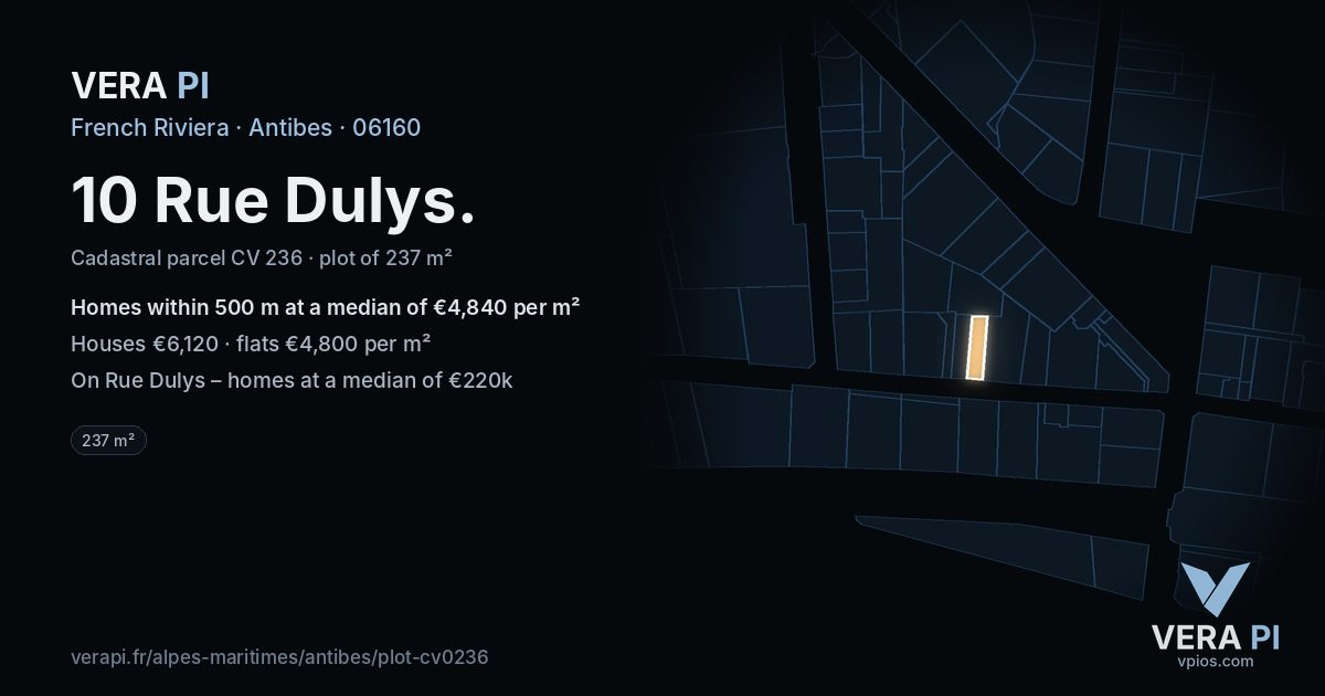 10 Rue Dulys, Antibes at night – the plot lit, the parcels around coloured by the prices near them