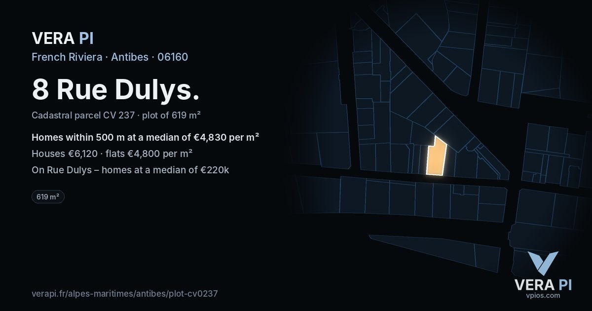 8 Rue Dulys, Antibes at night – the plot lit, the parcels around coloured by the prices near them