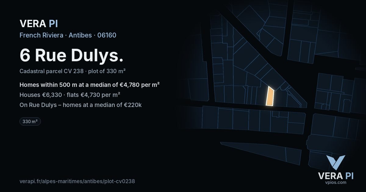 6 Rue Dulys, Antibes at night – the plot lit, the parcels around coloured by the prices near them
