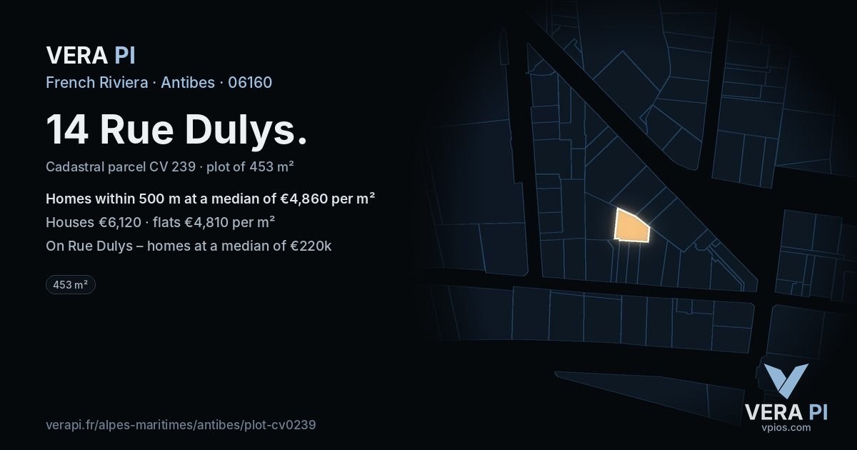 14 Rue Dulys, Antibes at night – the plot lit, the parcels around coloured by the prices near them