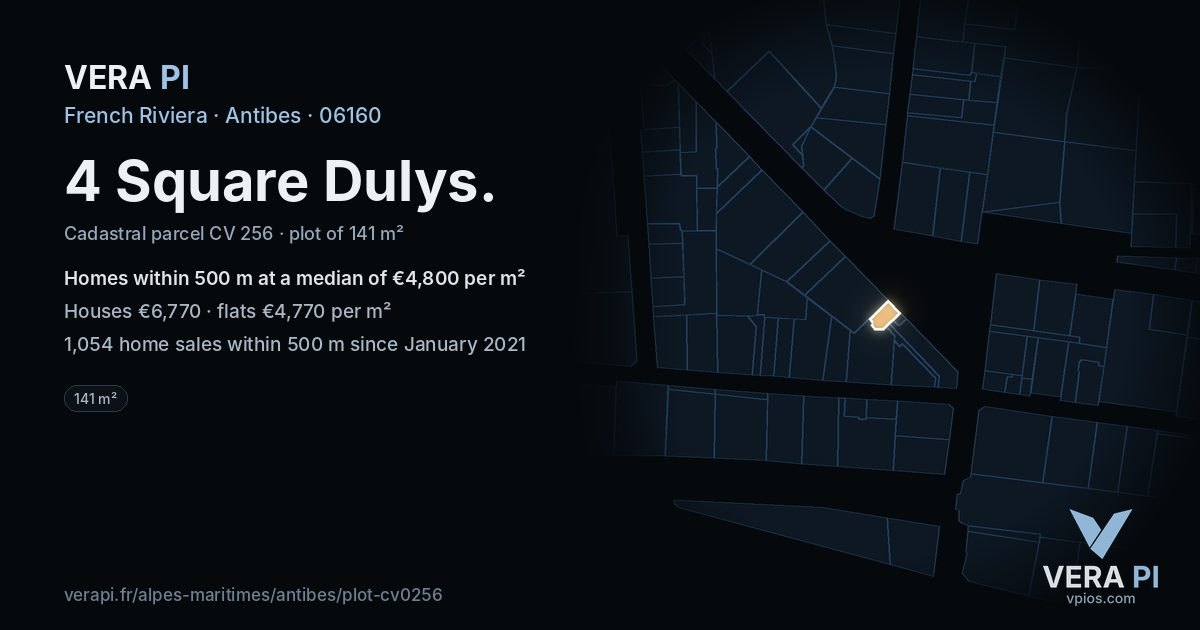 4 Square Dulys, Antibes at night – the plot lit, the parcels around coloured by the prices near them