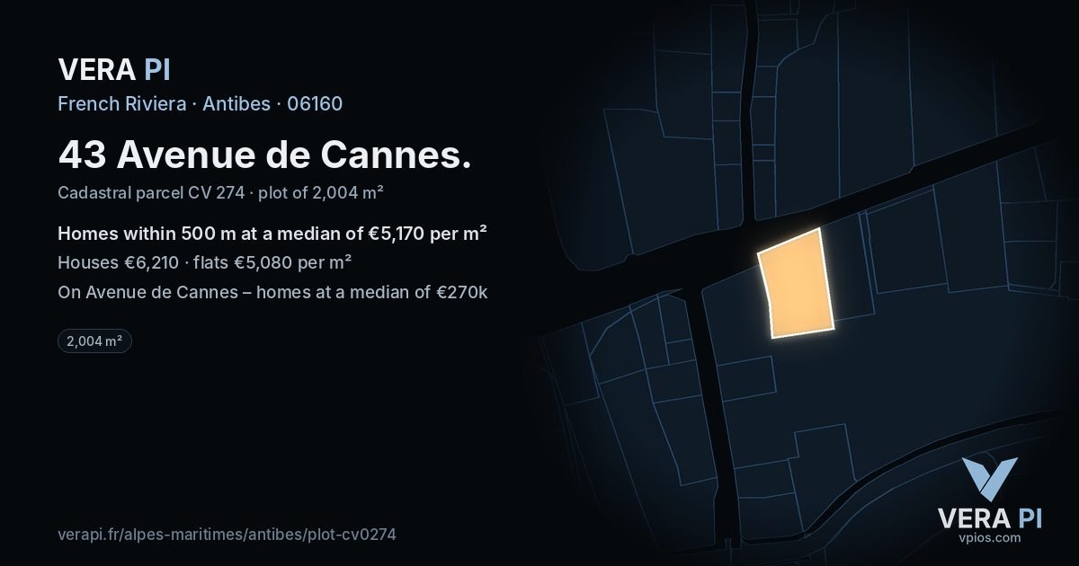 43 Avenue de Cannes, Antibes at night – the plot lit, the parcels around coloured by the prices near them