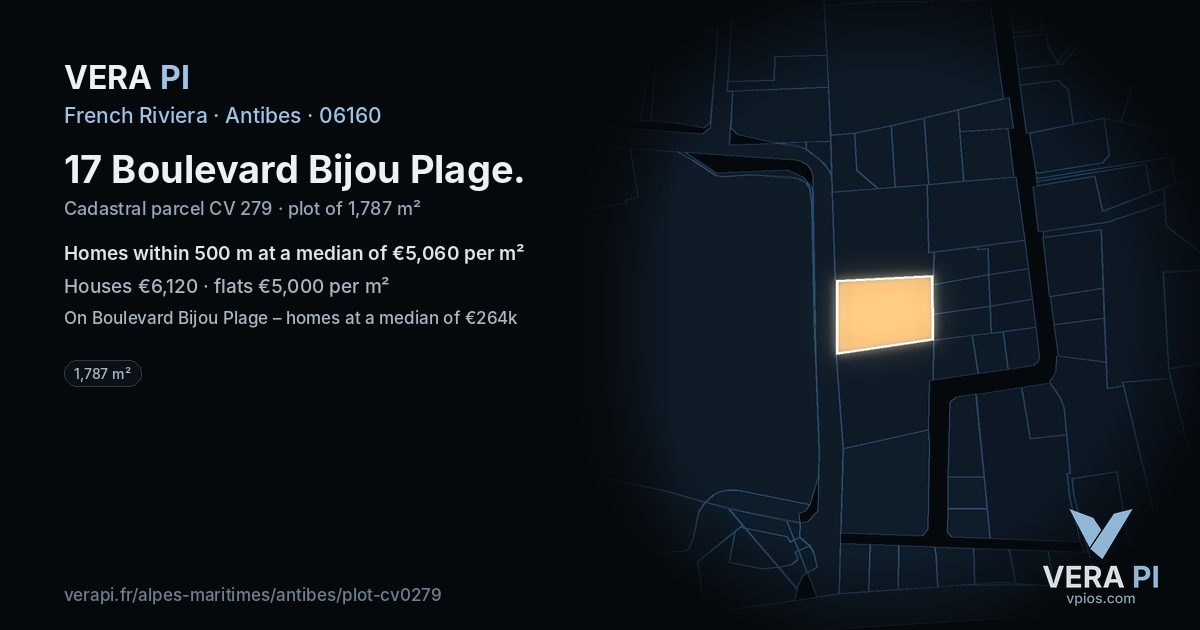 17 Boulevard Bijou Plage, Antibes at night – the plot lit, the parcels around coloured by the prices near them