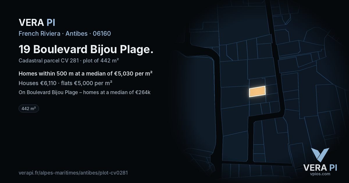 19 Boulevard Bijou Plage, Antibes at night – the plot lit, the parcels around coloured by the prices near them