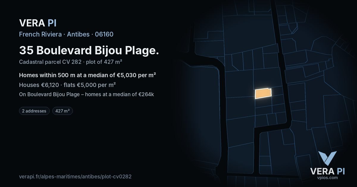 35 Boulevard Bijou Plage, Antibes at night – the plot lit, the parcels around coloured by the prices near them