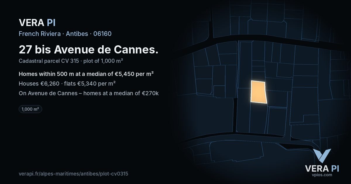 27 bis Avenue de Cannes, Antibes at night – the plot lit, the parcels around coloured by the prices near them