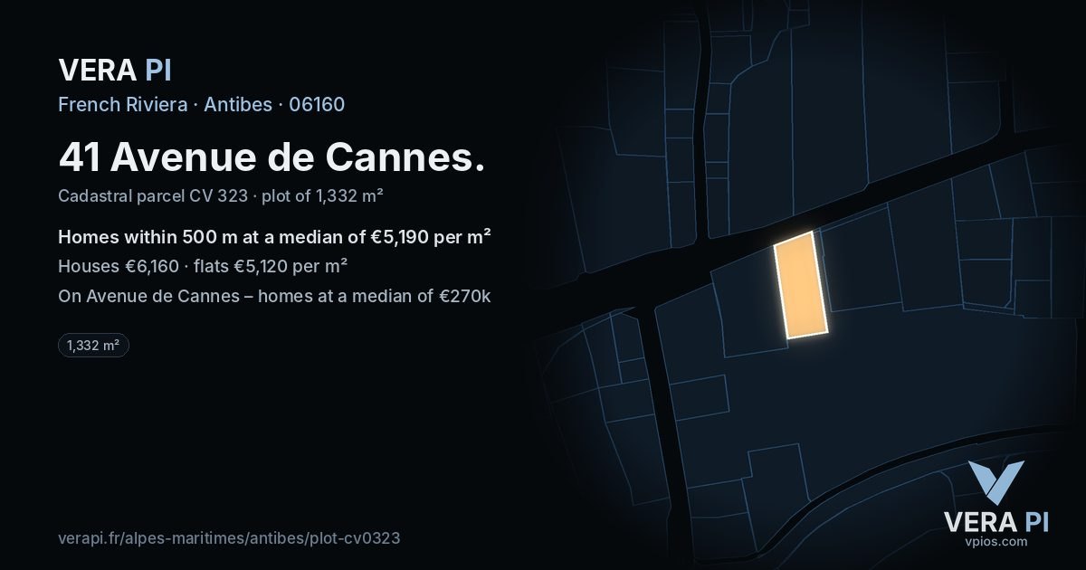 41 Avenue de Cannes, Antibes at night – the plot lit, the parcels around coloured by the prices near them