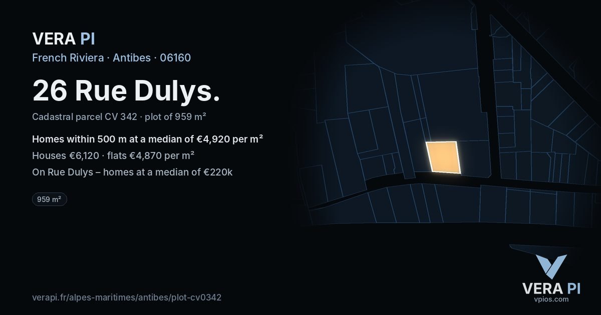 26 Rue Dulys, Antibes at night – the plot lit, the parcels around coloured by the prices near them