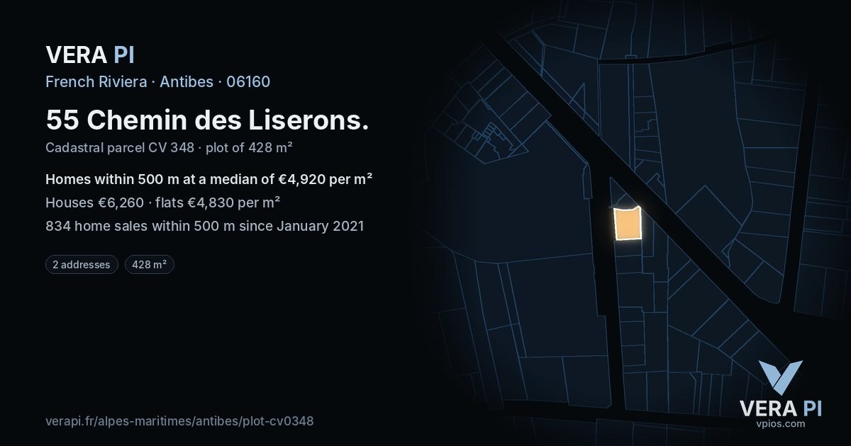 55 Chemin des Liserons, Antibes at night – the plot lit, the parcels around coloured by the prices near them