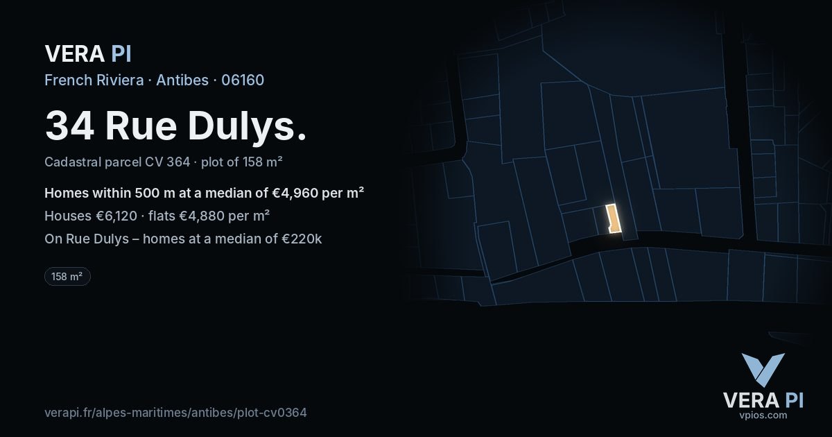 34 Rue Dulys, Antibes at night – the plot lit, the parcels around coloured by the prices near them