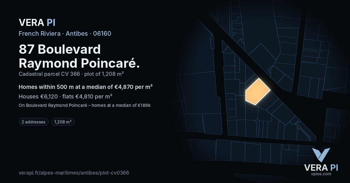 87 Boulevard Raymond Poincaré, Antibes at night – the plot lit, the parcels around coloured by the prices near them