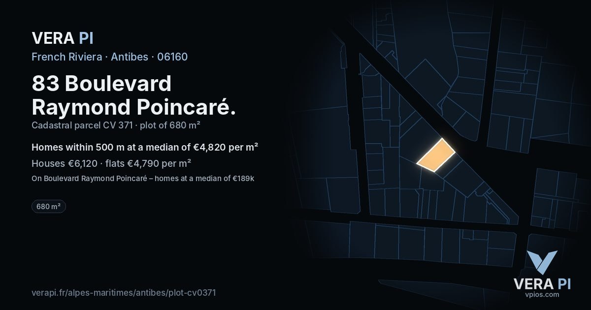 83 Boulevard Raymond Poincaré, Antibes at night – the plot lit, the parcels around coloured by the prices near them