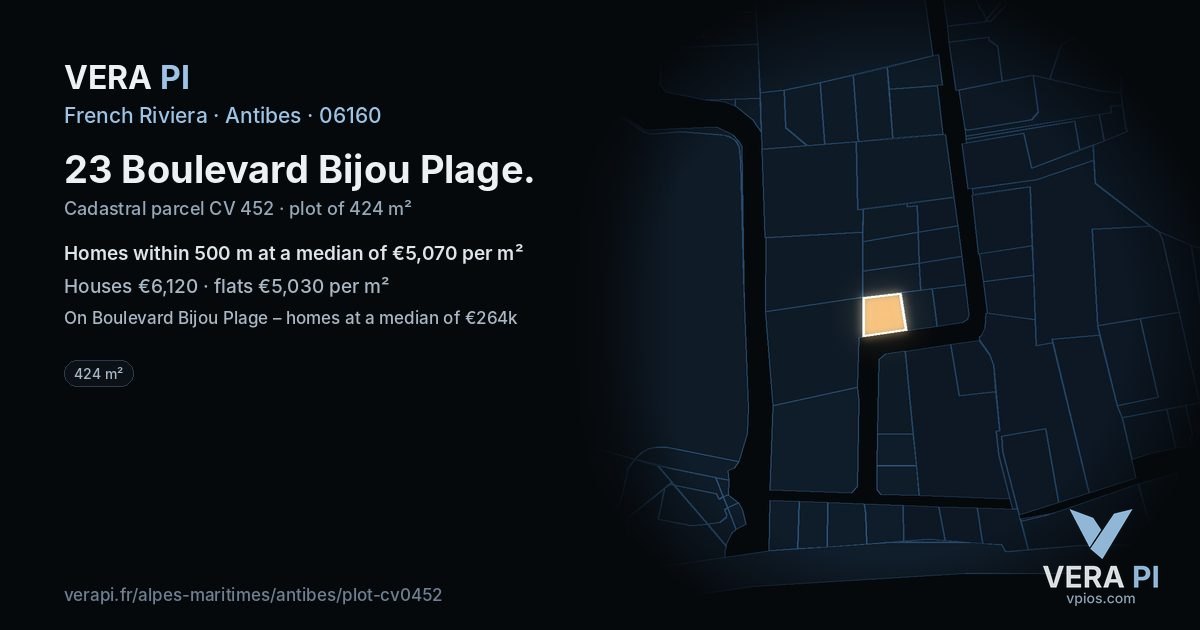 23 Boulevard Bijou Plage, Antibes at night – the plot lit, the parcels around coloured by the prices near them