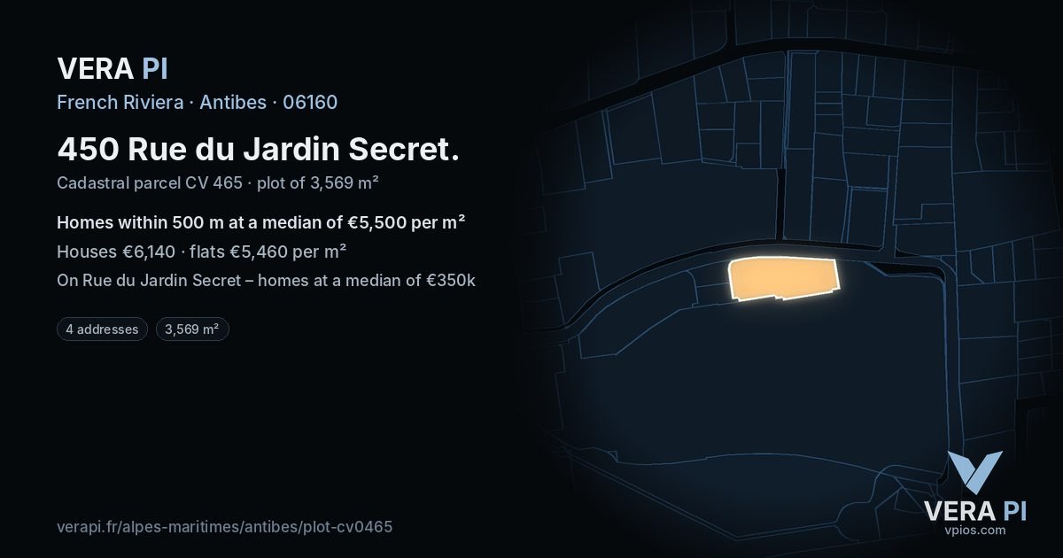 450 Rue du Jardin Secret, Antibes at night – the plot lit, the parcels around coloured by the prices near them