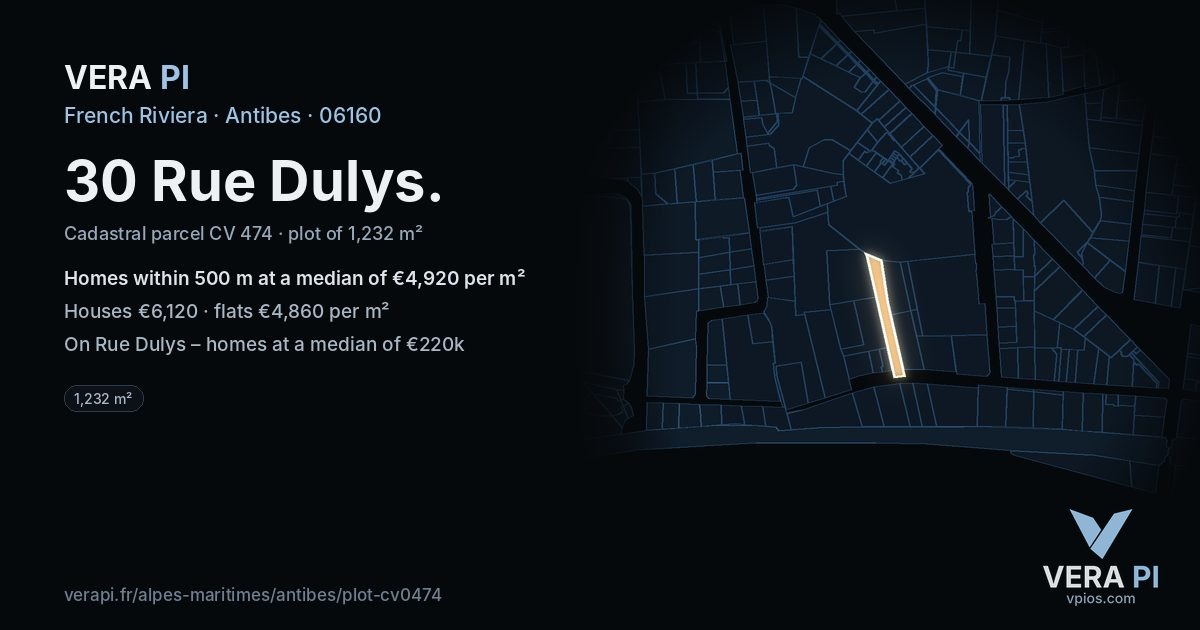 30 Rue Dulys, Antibes at night – the plot lit, the parcels around coloured by the prices near them