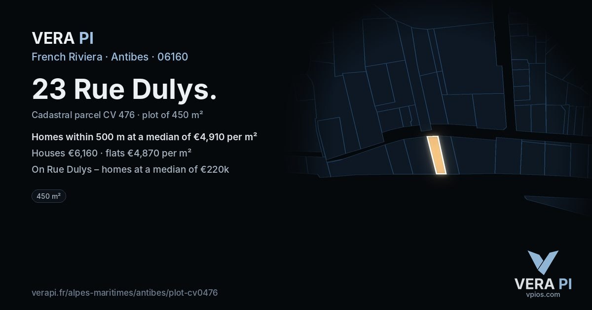 23 Rue Dulys, Antibes at night – the plot lit, the parcels around coloured by the prices near them