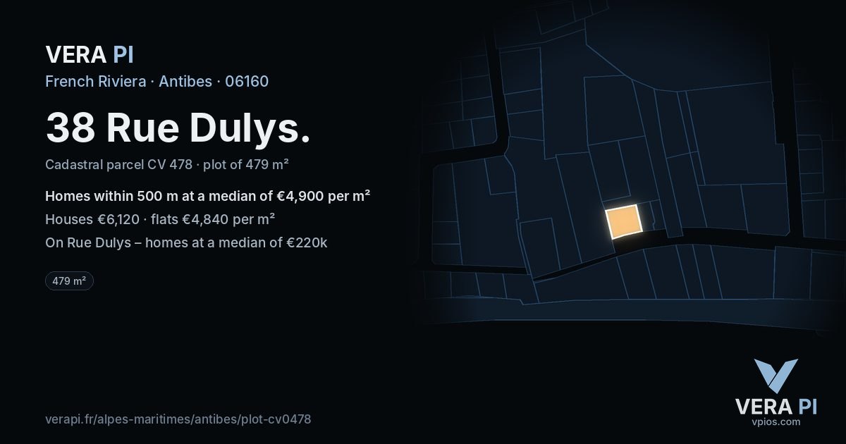 38 Rue Dulys, Antibes at night – the plot lit, the parcels around coloured by the prices near them