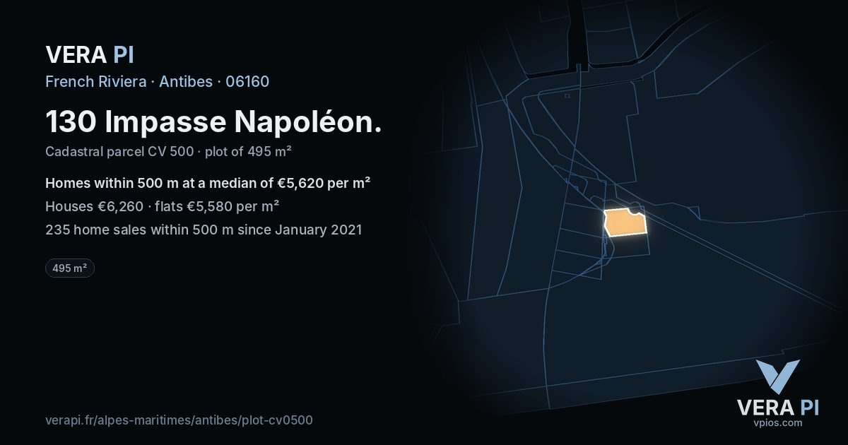 130 Impasse Napoléon, Antibes at night – the plot lit, the parcels around coloured by the prices near them