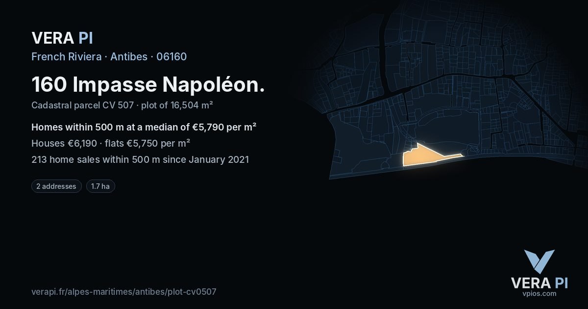 160 Impasse Napoléon, Antibes at night – the plot lit, the parcels around coloured by the prices near them