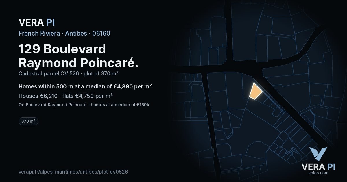 129 Boulevard Raymond Poincaré, Antibes at night – the plot lit, the parcels around coloured by the prices near them