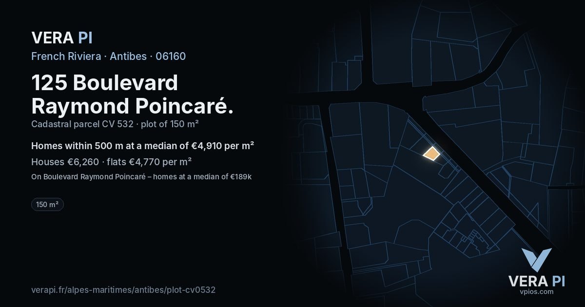 125 Boulevard Raymond Poincaré, Antibes at night – the plot lit, the parcels around coloured by the prices near them