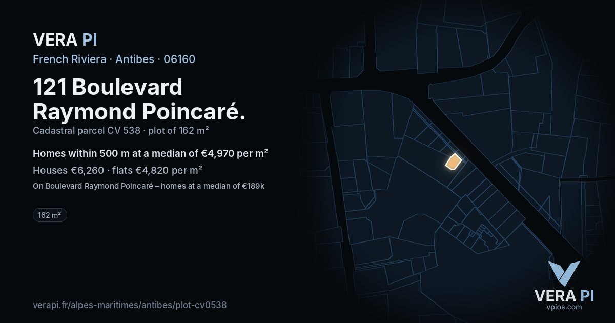 121 Boulevard Raymond Poincaré, Antibes at night – the plot lit, the parcels around coloured by the prices near them