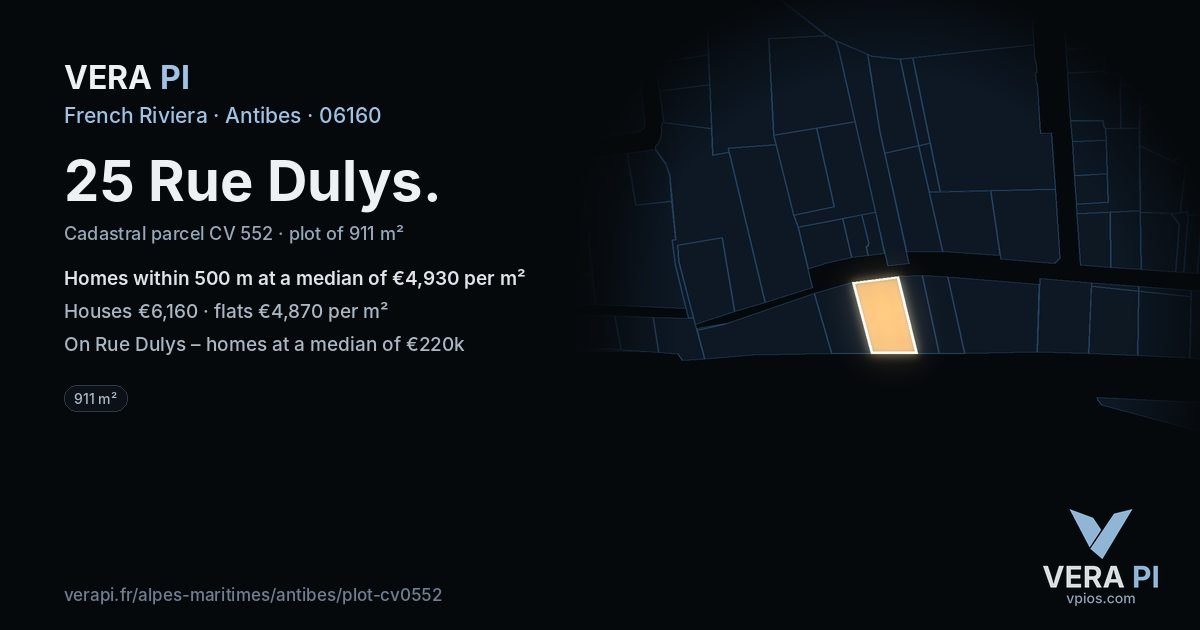 25 Rue Dulys, Antibes at night – the plot lit, the parcels around coloured by the prices near them