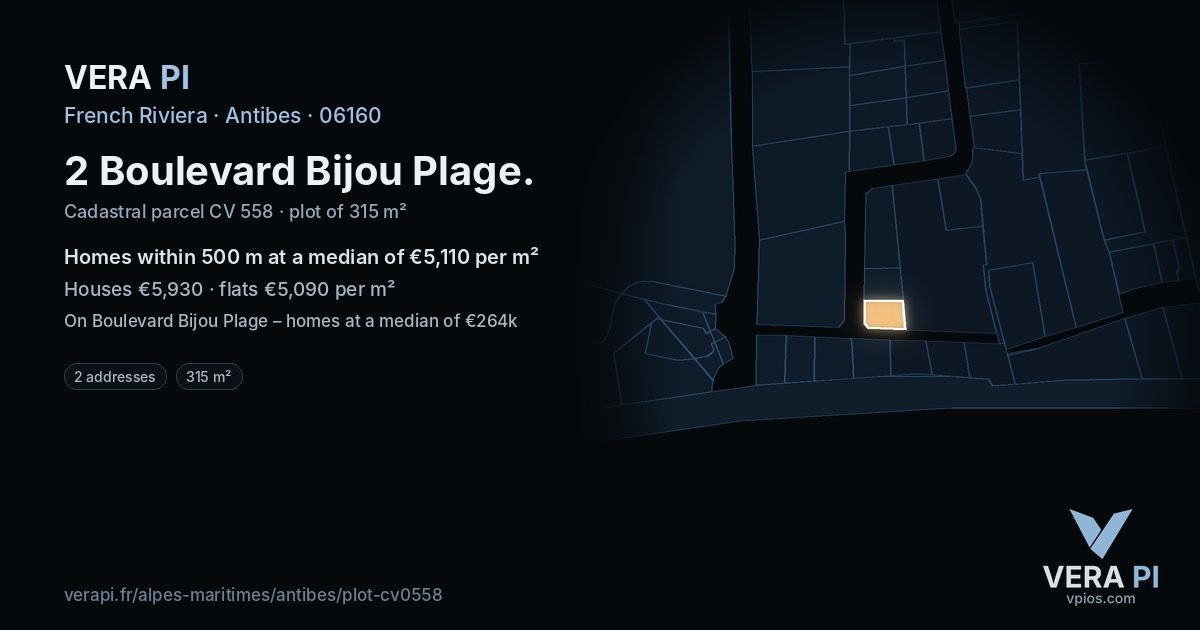 2 Boulevard Bijou Plage, Antibes at night – the plot lit, the parcels around coloured by the prices near them