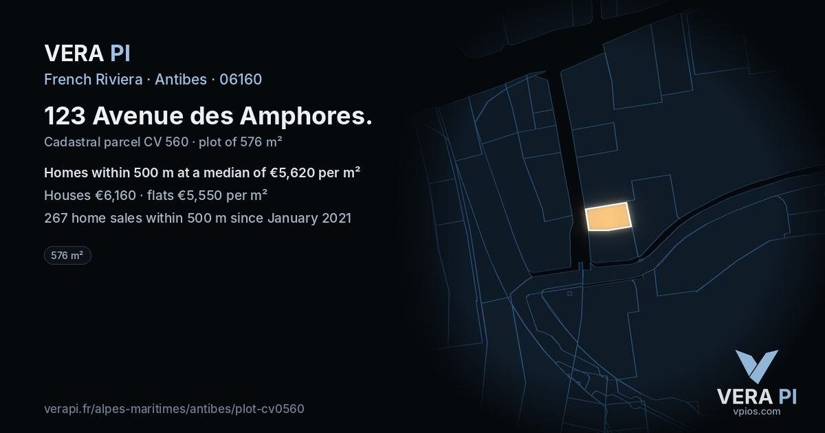 123 Avenue des Amphores, Antibes at night – the plot lit, the parcels around coloured by the prices near them