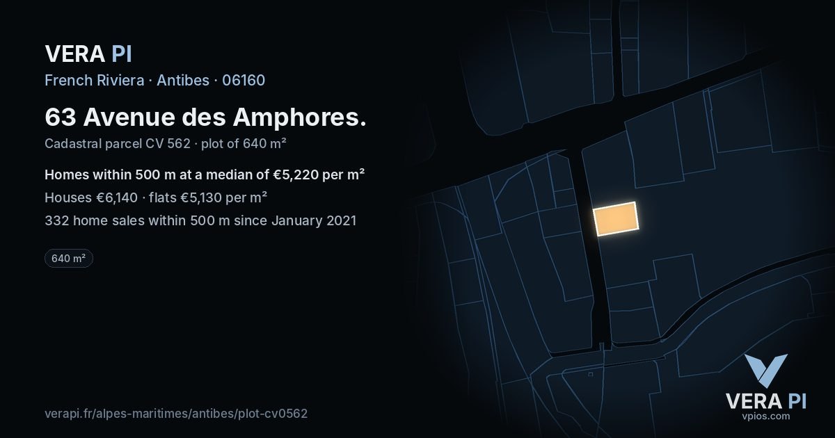 63 Avenue des Amphores, Antibes at night – the plot lit, the parcels around coloured by the prices near them