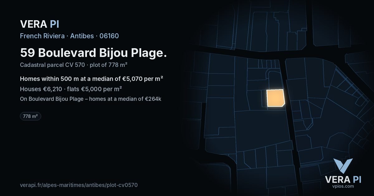 59 Boulevard Bijou Plage, Antibes at night – the plot lit, the parcels around coloured by the prices near them