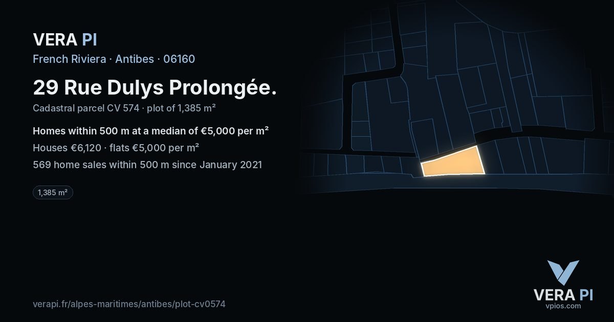 29 Rue Dulys Prolongée, Antibes at night – the plot lit, the parcels around coloured by the prices near them