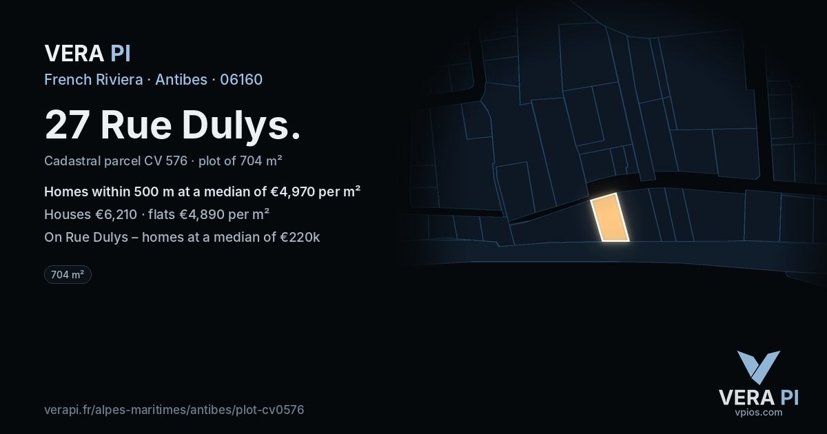 27 Rue Dulys, Antibes at night – the plot lit, the parcels around coloured by the prices near them