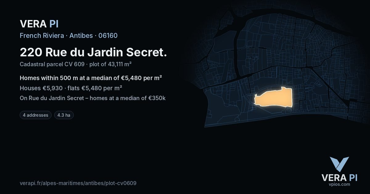 220 Rue du Jardin Secret, Antibes at night – the plot lit, the parcels around coloured by the prices near them