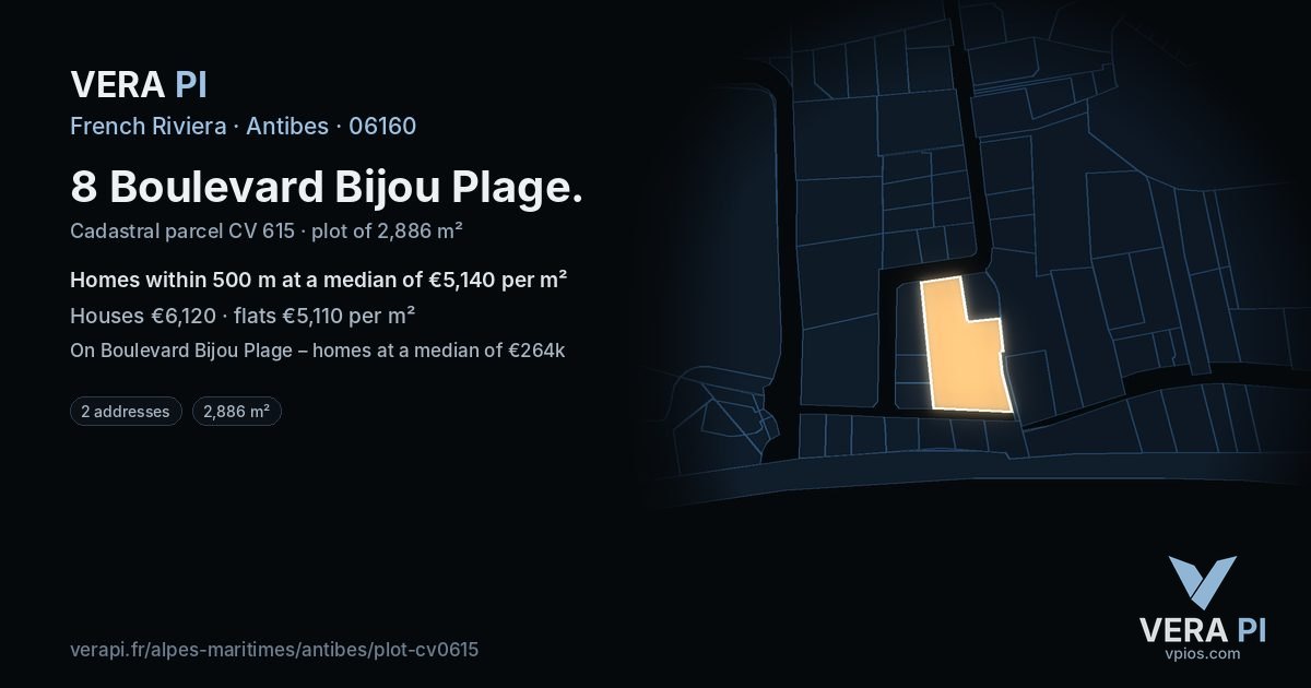 8 Boulevard Bijou Plage, Antibes at night – the plot lit, the parcels around coloured by the prices near them