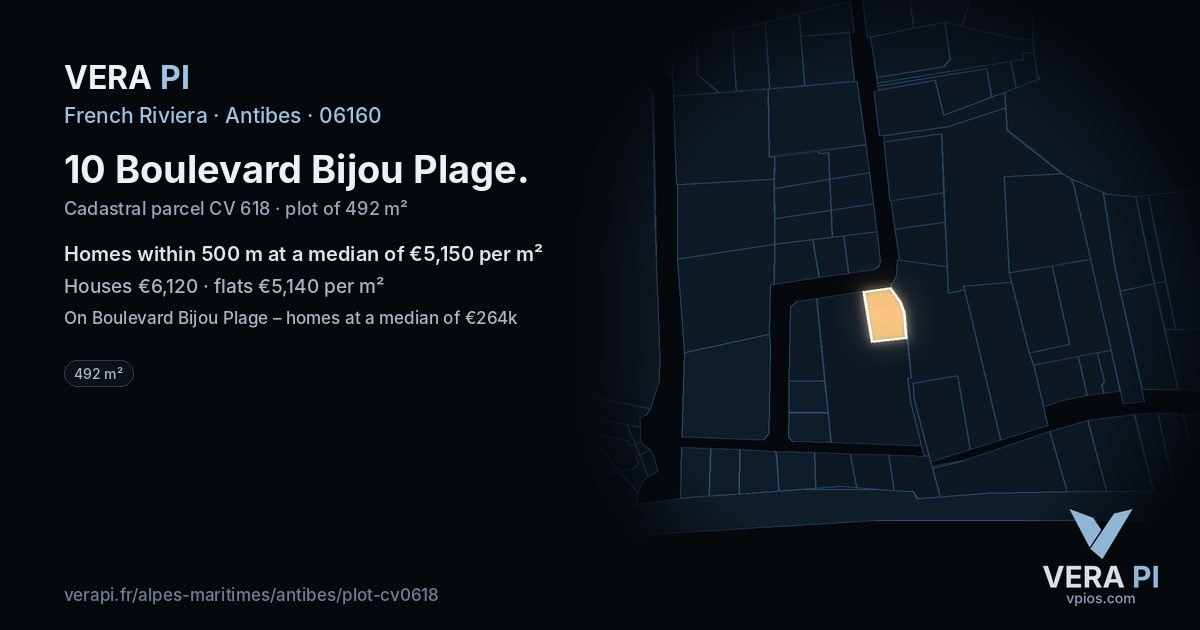 10 Boulevard Bijou Plage, Antibes at night – the plot lit, the parcels around coloured by the prices near them