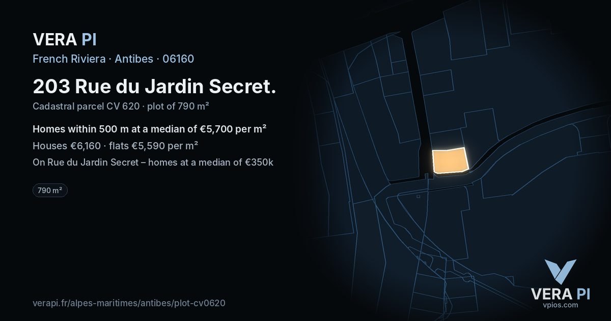 203 Rue du Jardin Secret, Antibes at night – the plot lit, the parcels around coloured by the prices near them