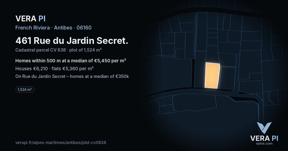 461 Rue du Jardin Secret, Antibes at night – the plot lit, the parcels around coloured by the prices near them