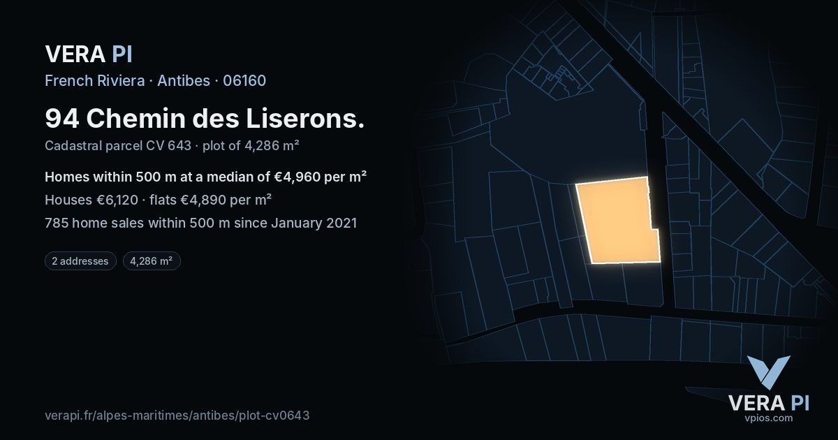 94 Chemin des Liserons, Antibes at night – the plot lit, the parcels around coloured by the prices near them